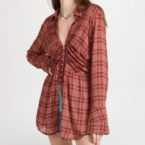 We the Free Catalina Remade Shirt in Red Combo Free People - Picture 2 of 6